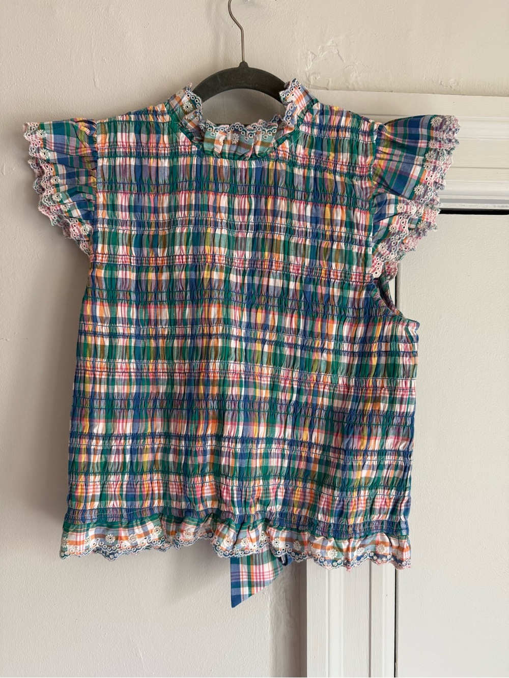 Sezane Multicolor Plaid Smocked Ruffle Top